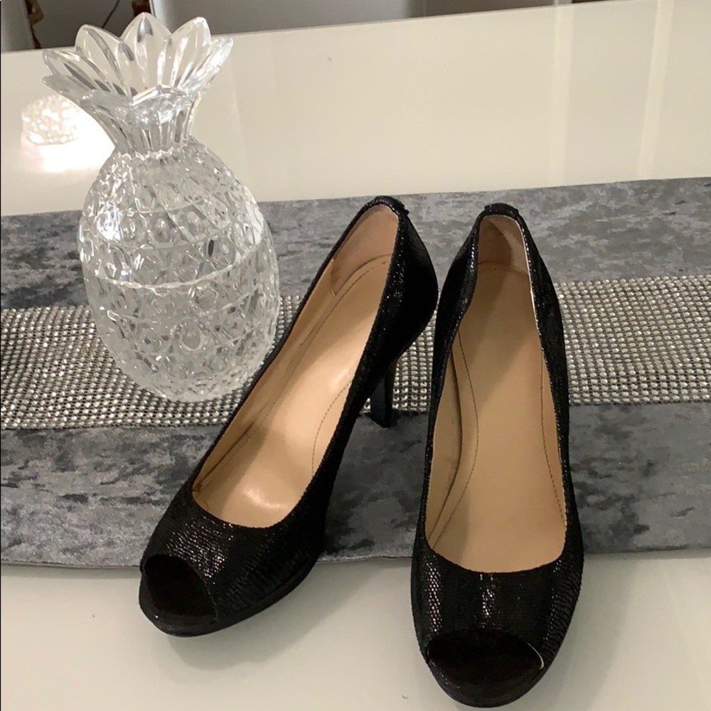 Calvin Klein black shiny lizard open toe pump